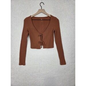 Y2k Cardigan Sweater XS Brown Ribbed Tie Front Crop Stretch Knit Fairy Grunge